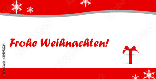 Karte für Frohe Weihnachten in Rot mit Päckchen, Schneeflocken und deutschen Text
