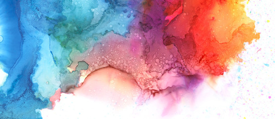 Art Abstract paint blots background. Alcohol ink blue colors. Marble texture. Horizontal long banner.