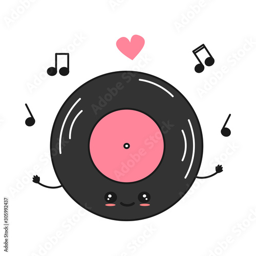 cute cartoon character vinyl record vector illustration with music notes