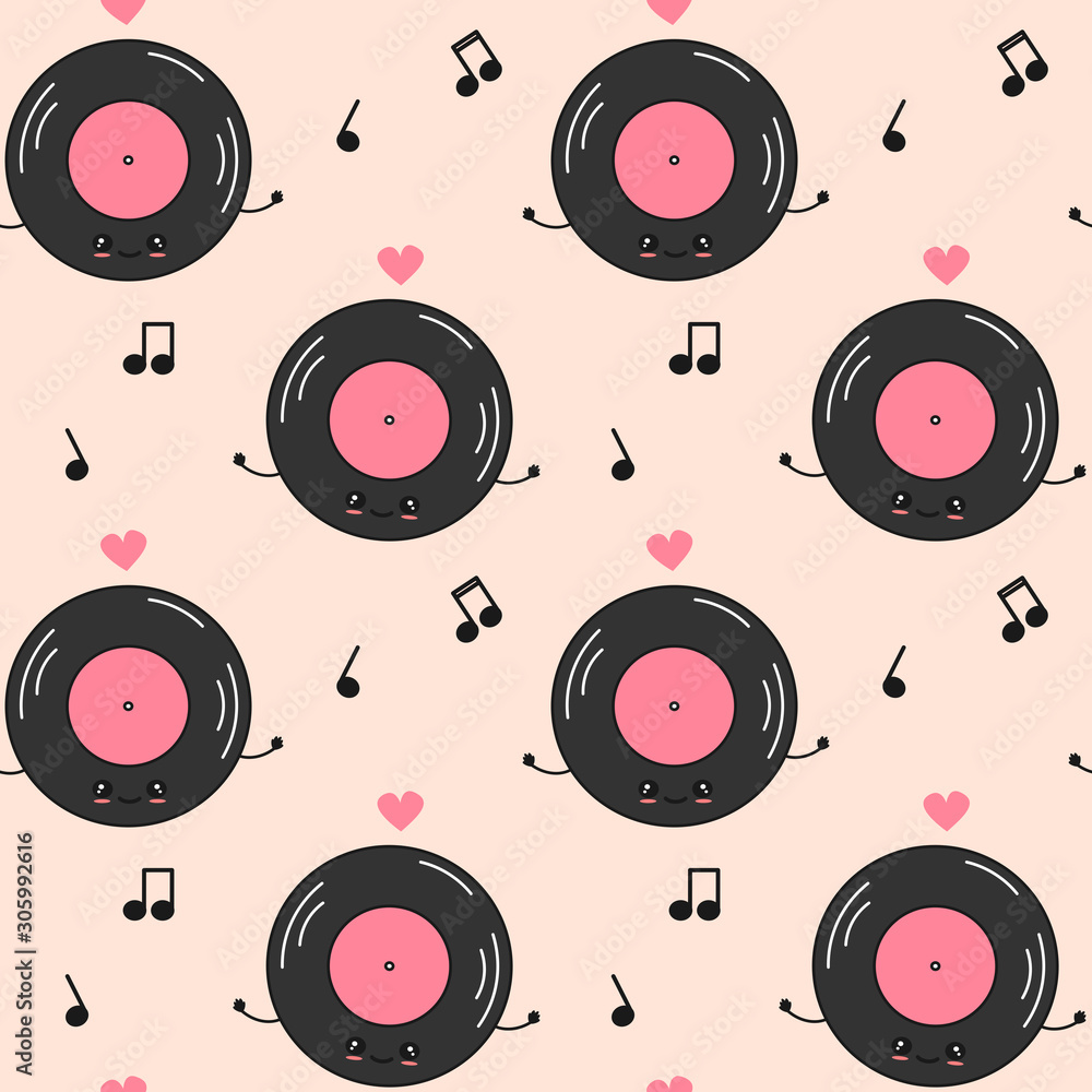 cute cartoon character vinyl record seamless vector pattern background  illustration with music notes Stock Vector | Adobe Stock