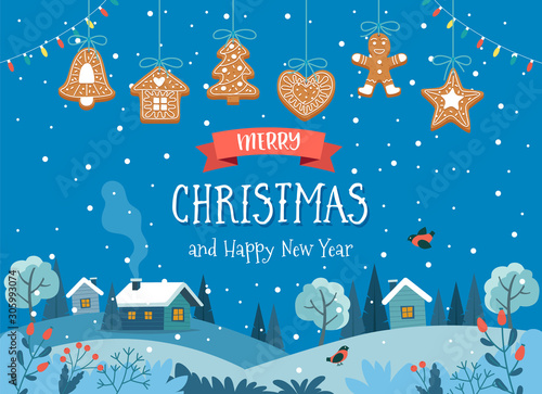 Christmas greeting card with cute landscape at night and hanging gingerbread cookies. Cute vector illustration in flat style