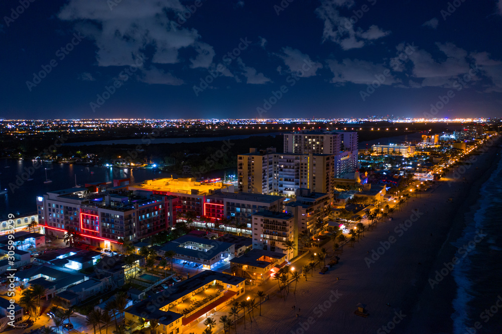 Night aerial photo Hollywood Beach FL USA