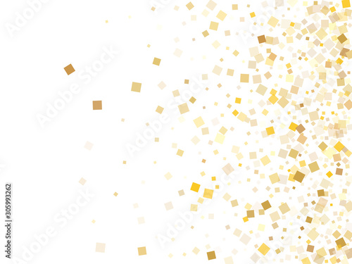 Small gold confetti sequins sparkles falling on white. Glittering Christmas vector sequins background. Gold foil confetti party particles texture. Square sparkles surprise backdrop.