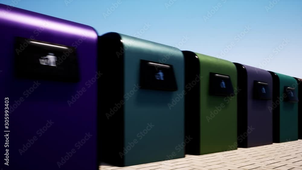 A colored row of iron garbage bins against a clear blue sky. Waste sorting and saving the environment. 4k A colored row of iron garbage bins against a clear blue sky. Waste sorting and saving the environment. 4k