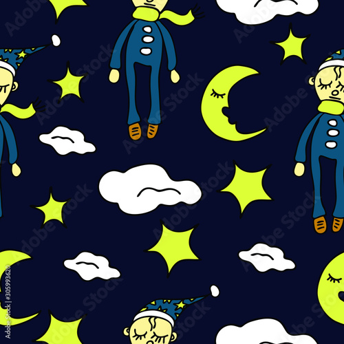 Seamless vector pattern with dreaming man, moon and stars. Repeat wallpaper design night. Sleep well.
