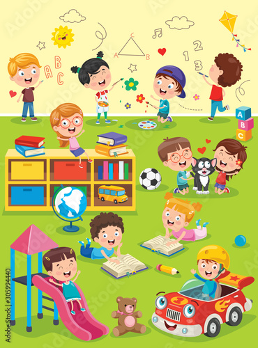 Little Children Studying And Playing At Preschool Classroom