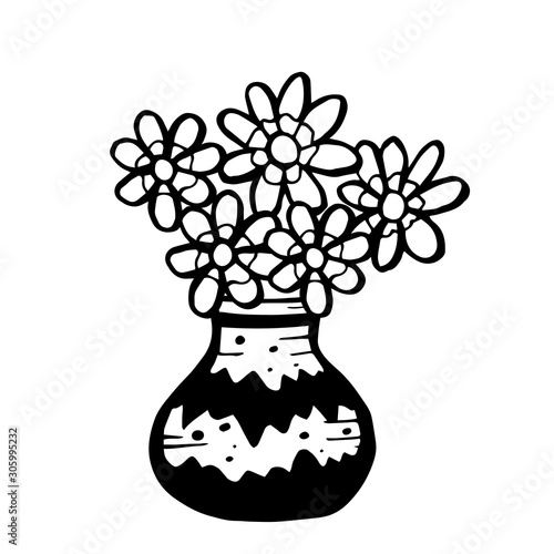 Flowers in a vase isolated on white background. Hand drawn doodle vector sketch. Coloring page, Coloring book. Contour. Stylized daisies in a vase for greeting cards, posters, design.