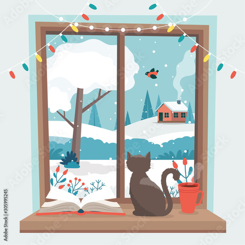 Winter window, with a cat, a book and a coffee cup on the sill. Cute cozy vector illustration in flat style