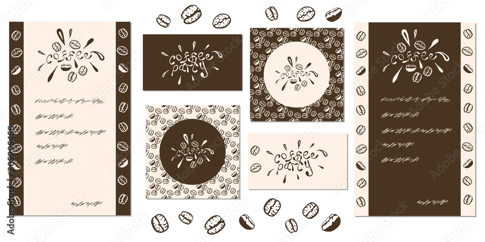 Set of cards for the coffee shops or cofeteries with lettering and coffee beans. Design for cards, labels, menues. Square and rectangular cards.