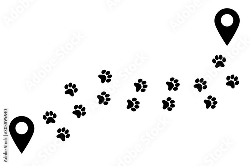 Paw pets way. Track animal, trail. Uneven trajectory with turns of footprints. Transition, route, distance from point to point. Vector illustration