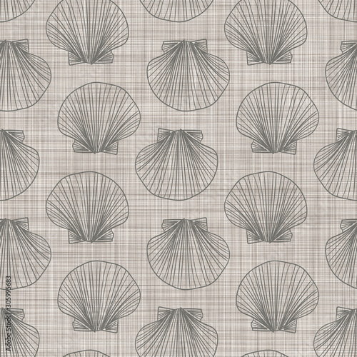 Seashells on linen fabric texture background. Seamless repeat vector pattern swatch. Great for vacation or holiday travel graphics.