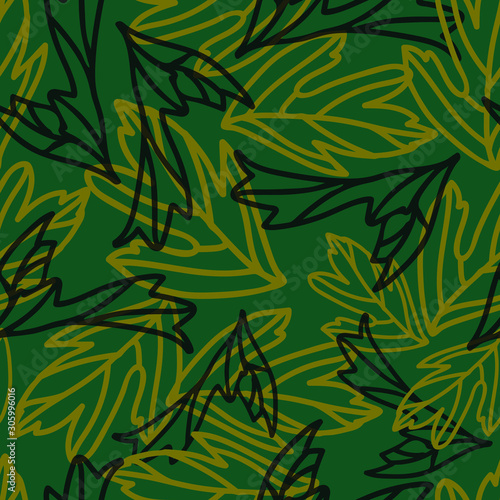 Autumn fallen outlined leaves of deciduous trees. Repeating seamless vector pattern. Abstract green background.