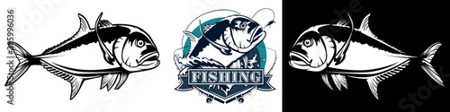 Fishing emblem isolated on white. Bone fish logo in black color. Ocean theme background.