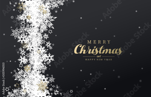 Have a holly jolly Christmas vector illustration with many snowflakes on dark background.