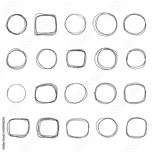 Hand drawn doodle scetch. Circle vector round scribble line set. Circles Frame for message. Pencil or pen vector illustration isolated on white background.
