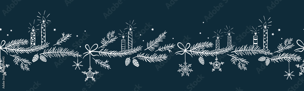 Cute hand drawn horizontal seamless pattern with candles, branches and christmas decoration - x mas background, great for textiles, banners, wallpapers - vector design