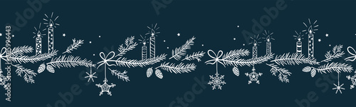 Cute hand drawn horizontal seamless pattern with candles, branches and christmas decoration - x mas background, great for textiles, banners, wallpapers - vector design