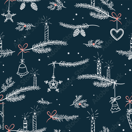 Cute hand drawn seamless pattern with candles, branches and christmas decoration - x mas background, great for textiles, banners, wallpapers - vector design
