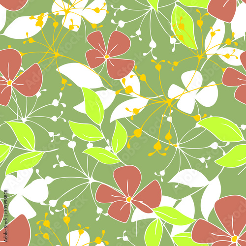 Seamless vector pattern with spring flowers and leaves. Floral pattern for wallpaper or fabric. Flower and leaf on gray background.