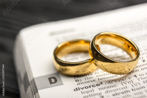 Divorce and separation concept. Two golden wedding rings. Dictionary definition