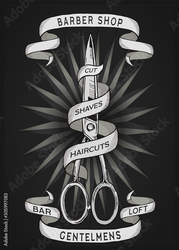 vintage barber shop logo, label, badge and design element, vector illustration isolated on white background. Combs, moustache and scissors logo for barbershops, beauty salons, hairdressers.