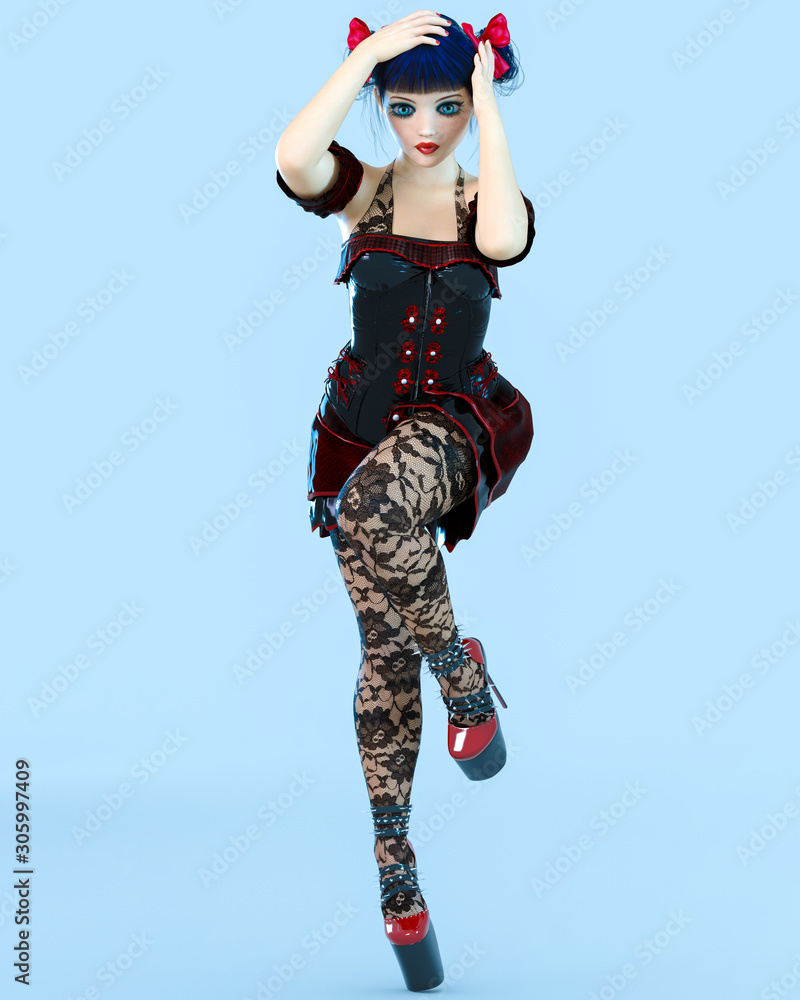 3D girl doll big blue eyes and bright makeup. 3D girl doll big blue eyes and bright makeup.