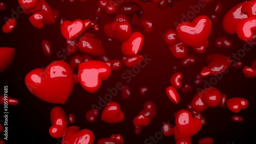 Randomly scattered red hearts - 3D Illustration