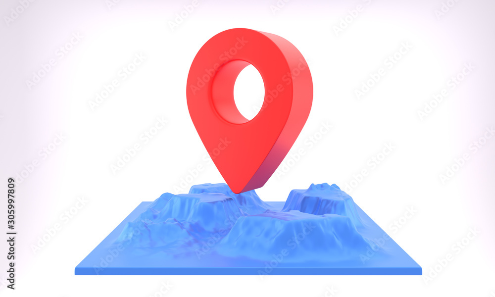 Red map pointer 3d with mountains map. Location symbol isolated on white background. Web location point. 3D rendering. Red map pointer 3d with mountains map. Location symbol isolated on white background. Web location point. 3D rendering.
