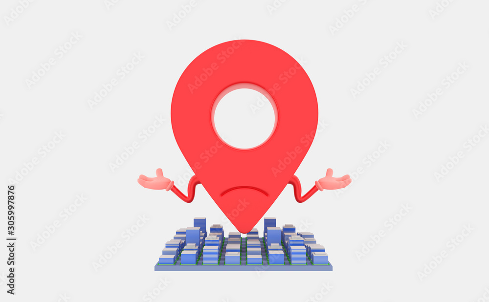 Unknown location. Lost in the city. Big red map pointer with small city map. Where I am symbol isolated on white background. Web location point. 3D rendering. Unknown location. Lost in the city. Big red map pointer with small city map. Where I am symbol isolated on white background. Web location point. 3D rendering.