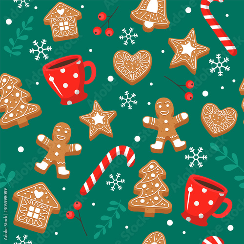 Gingerbread pattern. Festive background with cookies, cups, candy cane. Vector illustration in flat style