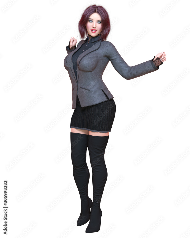 Fototapeta premium Beautiful brunette woman in black blazer and long boots.