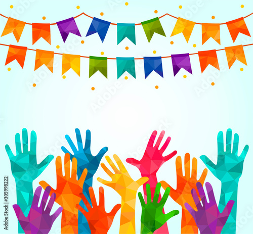 Colorful up hands. Vector illustration, an association, unity, partners, company, friendship, friends background Volunteers celebration birthday celebration, dancing, disco dance joy fun corporate