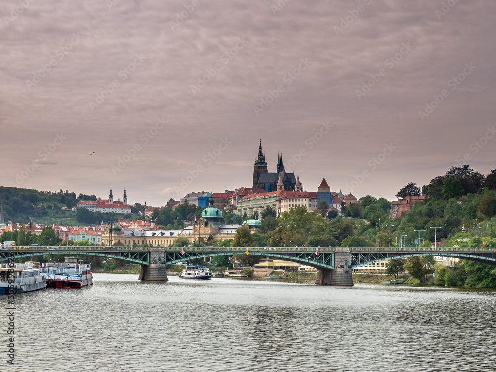 View from Boat to Old Town of East Europe Prague City with stunning sky sunset