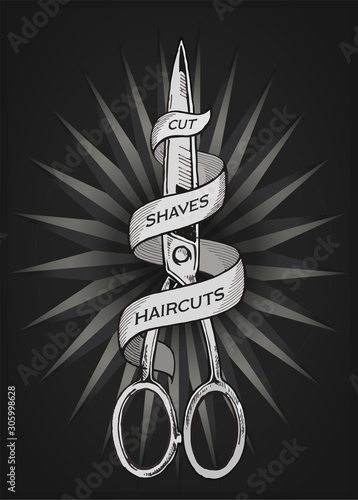 vintage barber shop logo, label, badge and design element, vector illustration isolated on white background. Combs, moustache and scissors logo for barbershops, beauty salons, hairdressers.