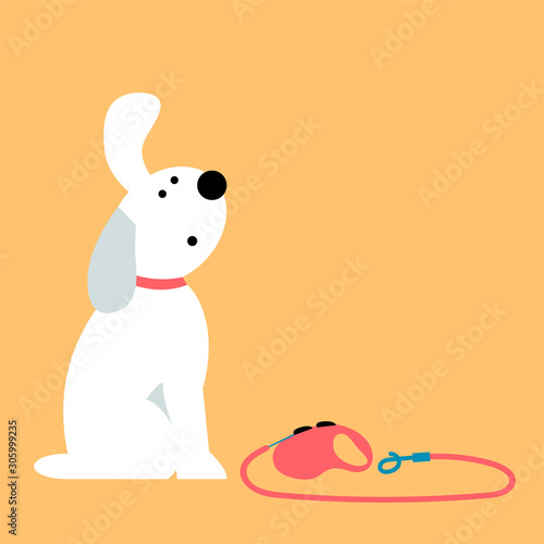 A cute dog is sitting near his leash. Waiting for the owner, who walks with him on the street. Cartoon vector illustration.