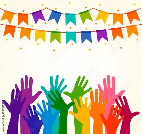Colorful up hands. Vector illustration, an association, unity, partners, company, friendship, friends background Volunteers celebration birthday celebration, dancing, disco dance joy fun corporate