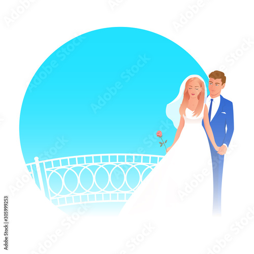 Beautiful newlywed couple in wedding attire. The bride stands with a rose, behind her the groom gently holds her hand. Vector illustration with blue background for text.
