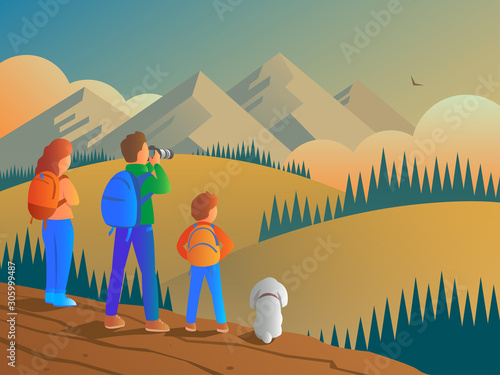 Family tourists with backpacks stand on the edge of a cliff and admire the beauty of nature. Father is taking pictures with a camera, mother, son and dog are nearby. Vector illustration.