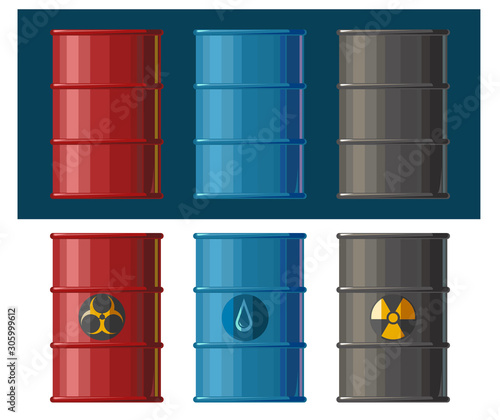 Barrels are metal. Vector. Barrels for water, radioactive materials, chemical and toxic substances, oil, gasoline. Cask. Barrel roll bbl. Collection red, black and blue. Flat cartoon design. Isolated