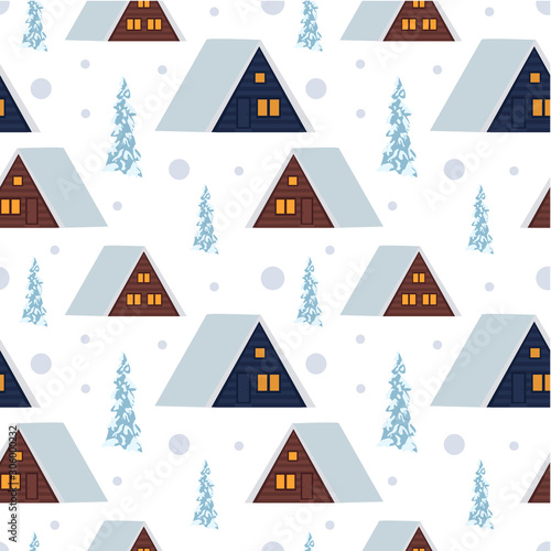 pattern wooden triangular hut chalet winter houses in the snow