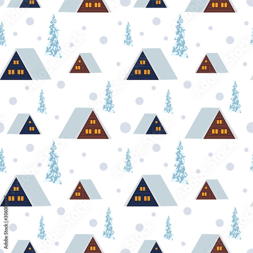 pattern wooden triangular hut chalet winter houses in the snow