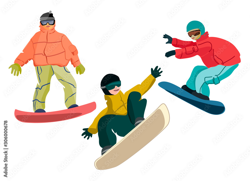 Snowboarders in various positions. Hand drawn vector illustrations in flat style. Isolated on white background