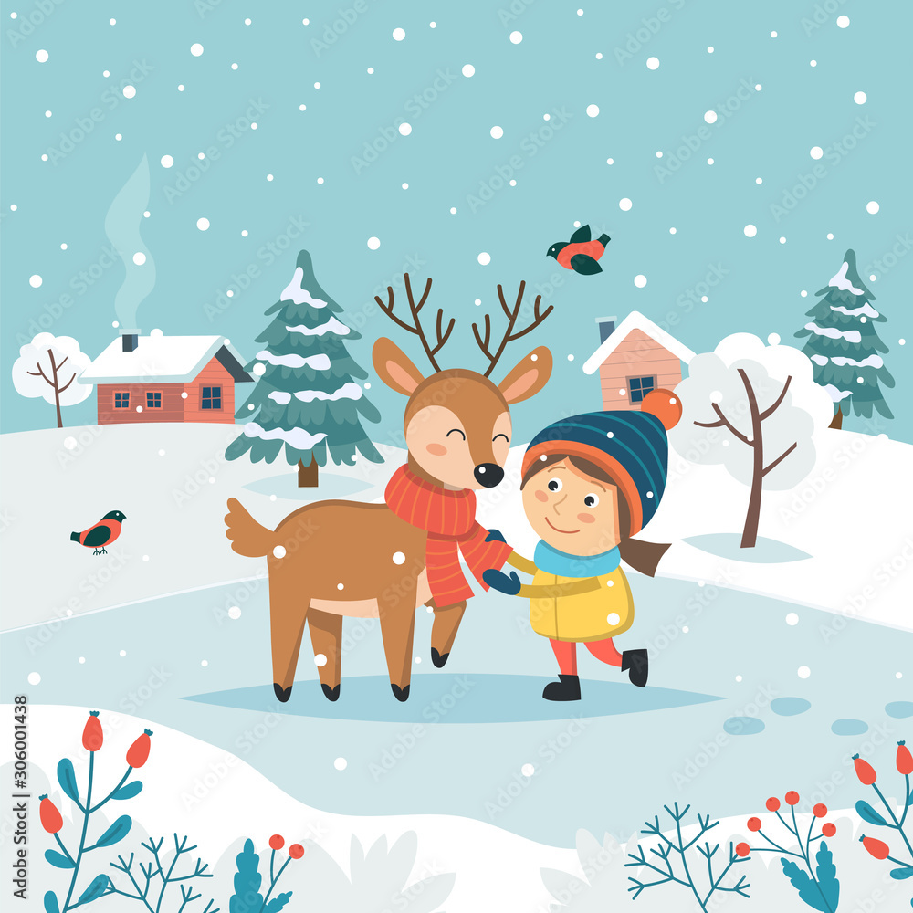 Girl with reindeer and cute winter landscape. Merry christmas greeting card. Cute vector illustration in flat style Girl with reindeer and cute winter landscape. Merry christmas greeting card. Cute vector illustration in flat style
