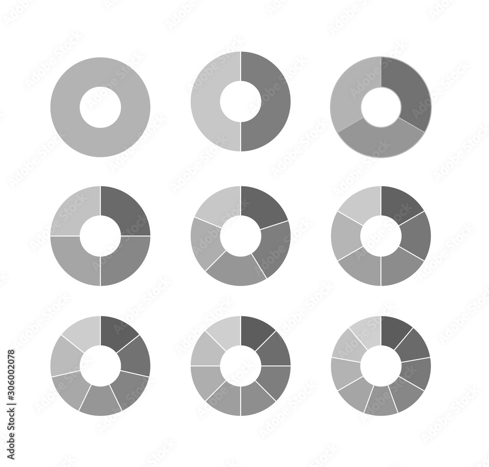 Set of black and white circle diagram for your design. Segmented circles set. Business chart elements. Vector illustration. Set of black and white circle diagram for your design. Segmented circles set. Business chart elements. Vector illustration.