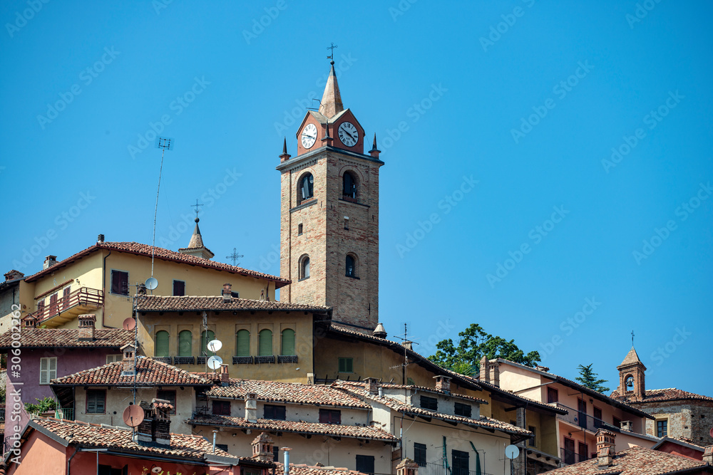 view of old town, grapes with aerial view of the village, italy, piemonte
