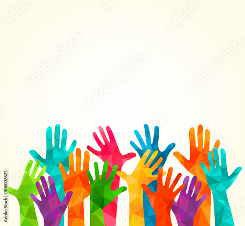 Colorful up hands. Vector illustration, an association, unity, partners, company, friendship, friends background Volunteers celebration birthday celebration, dancing, disco dance joy fun corporate