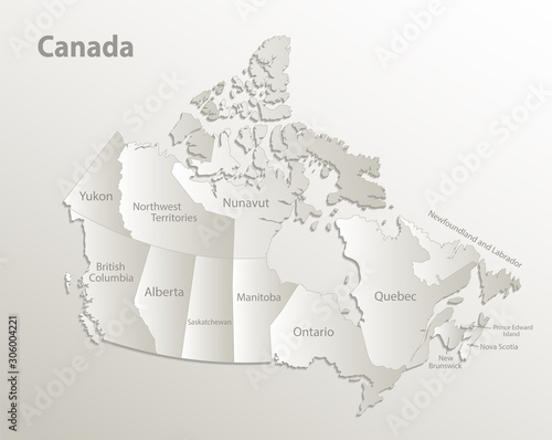 Canada map administrative division, separates regions and names individual region, card paper 3D natural vector