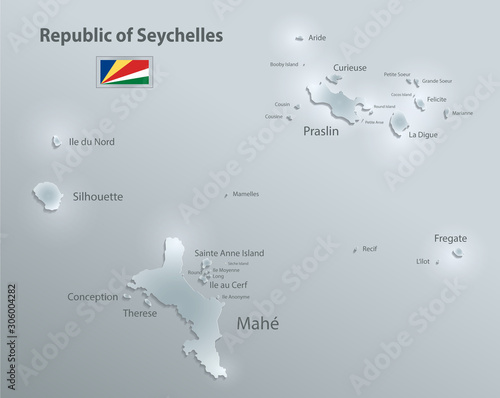 Seychelles map with names of Seychelles islands and flag seychelles, design glass card 3D vector