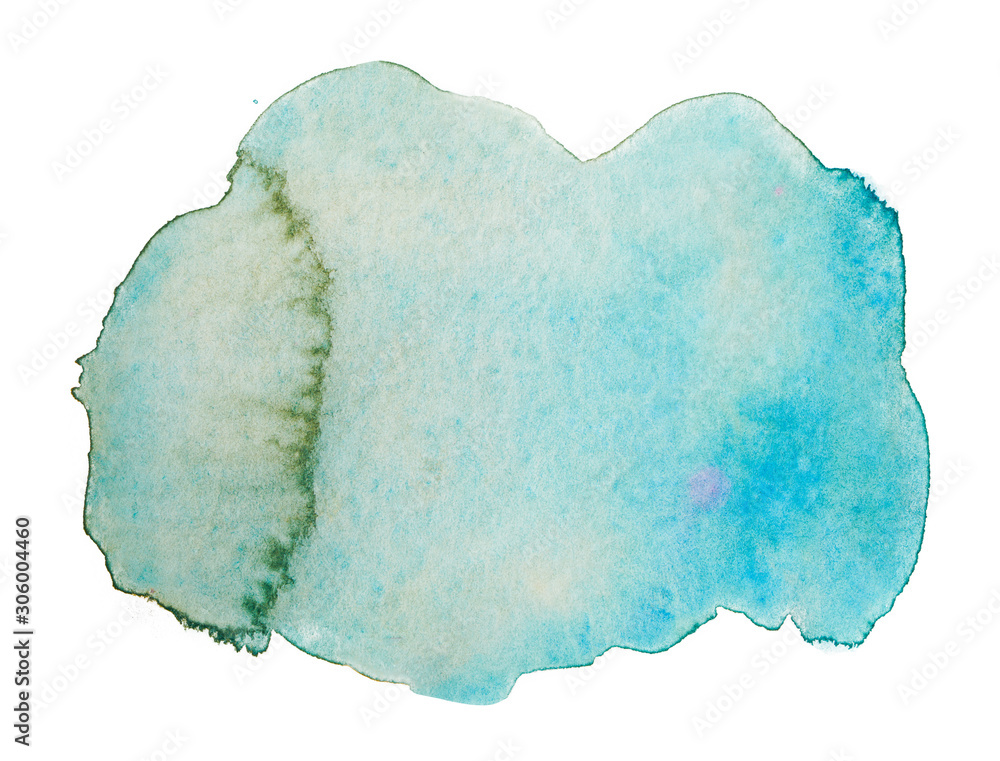 watercolor blue green stain with paper texture on a white background. freehand paint stain for design element