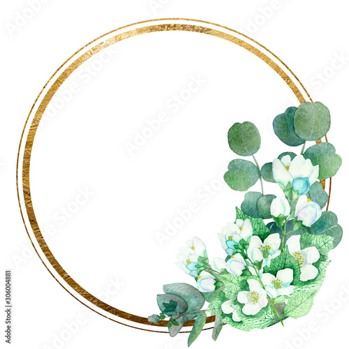 Watercolor hand painted nature floral frame with white flower jasmine, green eucalyptus leaves and golden circle on the white background for invitations and greeting card with the space for text